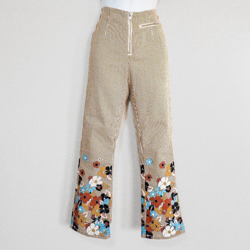 Beige & White Striped Floral Cigarette Trousers